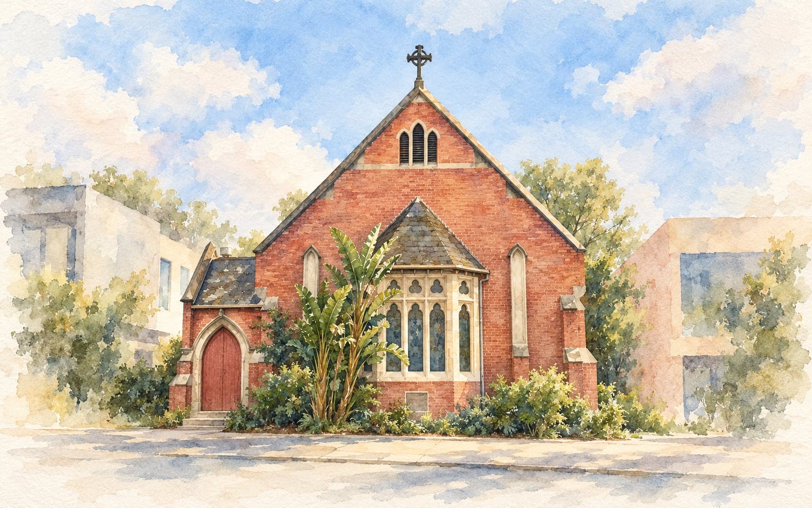 Watercolour of Merri Creek Anglican Church, Fairfield